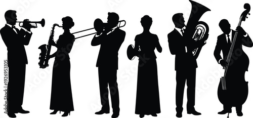 Jazz band musicians silhouette vector illustration, trumpet saxophone trombone tuba double bass players isolated black orchestra performance collection on white background