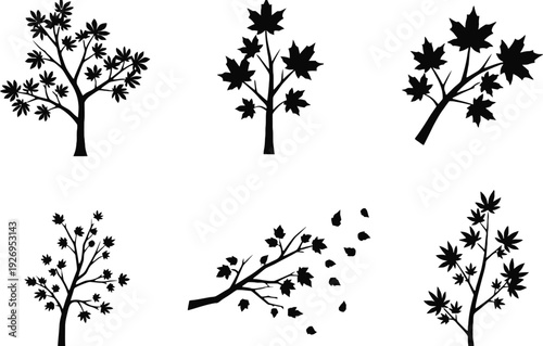 Tree silhouette vector icons in various autumnal poses and shapes