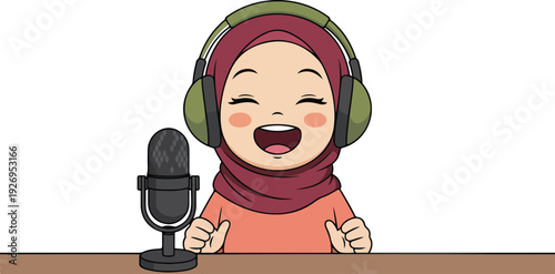 A cartoon illustration of a young woman wearing a burgundy hijab and orange top, sitting at a brown desk with a large black microphone on a stand.