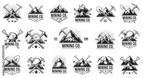 Collection of mining company logos featuring mountains, pickaxes, and hammers in various designs.