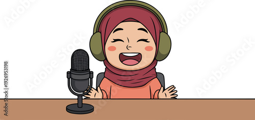A cartoon illustration of a young woman wearing a burgundy hijab and orange top, sitting at a brown desk with a large black microphone on a stand.
