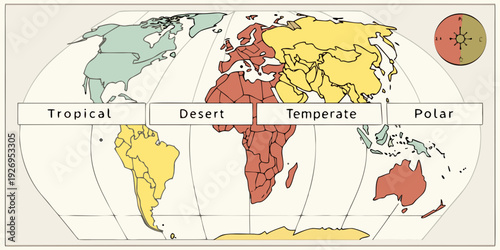 World map graphic categorizes continents into four distinct climate zones labeled Tropical, Desert, Temperate, and Polar using corresponding colors.