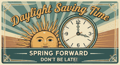 Daylight saving time reminder illustration with smiling sun and clock spring forward message retro style vibrant colors and ornate details