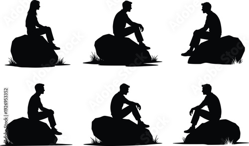 Man sitting on rock silhouette collection, thoughtful male poses in outdoor nature setting isolated on white background vector illustration