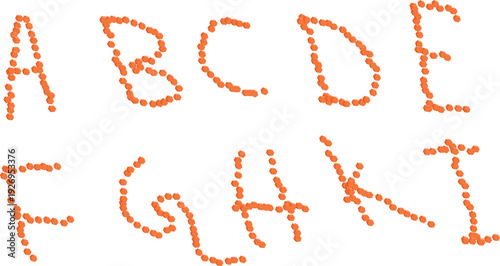 Alphabet sequence with letters a to i made of small colorful beads on a white background