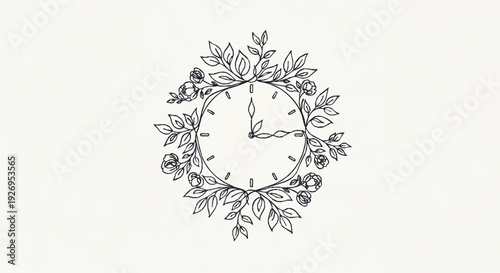 Vintage floral clock face with leaves and flowers on white background elegant illustration for design