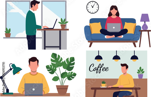 Modern remote work lifestyle vector illustration, people working from home and coffee shop with laptops, freelance workspace flat design scene