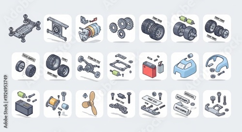 Detailed illustration of various mechanical components and parts for assembly.
