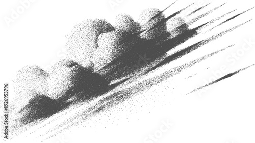 Grunge noise texture in black and white with distressed vintage overlay design, Abstract dust particle cloud with tapered trails and delicate stipple noise illustration