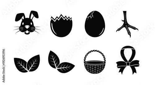 Set of eight simple black glyph icons featuring a smiling bunny face, broken shell, and basket for.