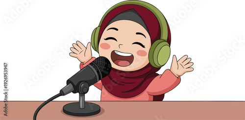 A cartoon illustration of a young woman wearing a burgundy hijab and orange top, sitting at a brown desk with a large black microphone on a stand.
