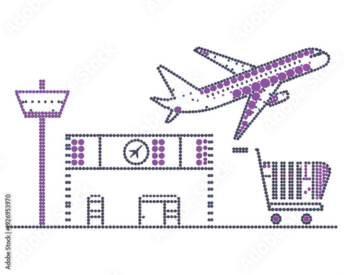 Airport terminal building control tower and airplane taking off luggage cart service logistics travel