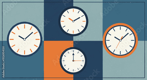 Four clocks with different times displayed on a grid background with various shades of blue and orange accents