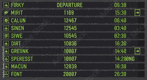 Digital airport departure board displaying flight information with times and destinations in green and yellow text