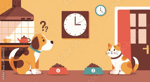 Dog and cat sitting beside pet food bowls in a domestic kitchen interior with clock and question marks