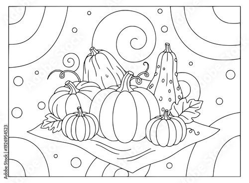  Pumpkin coloring page featuring a cluster of different gourds and fall leaves