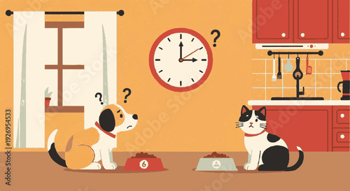 Hungry dog and cat sitting by empty food bowls in kitchen at home