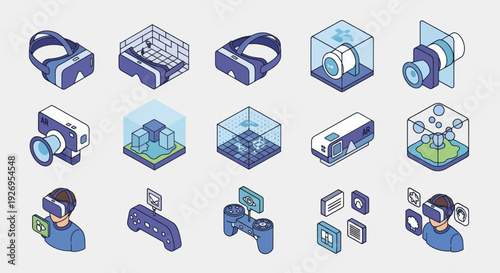 Virtual Reality Headset and Accessories Icons.