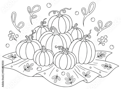 Pumpkin coloring page featuring a large pile of different seasonal gourds