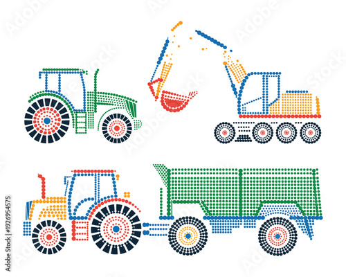 colorful dot art vector illustration of tractors and excavator for agriculture and construction vehicles