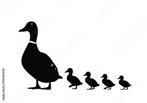 Duck family silhouette. Mother duck and ducklings following in a line. Nature and family bond illustration.