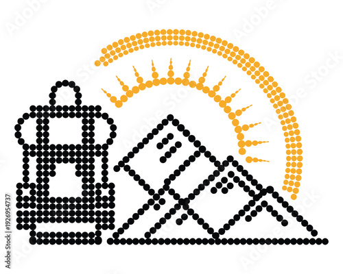 dot art illustration of hiker with backpack and mountains with sun rise vector graphic design for outdoor adventure