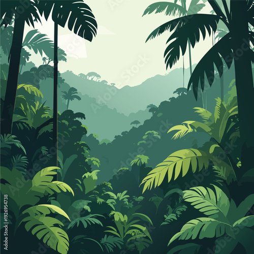 Lush tropical rainforest jungle vector illustration with dense green foliage, palm trees, layered forest canopy, misty mountains, wild nature scenery, exotic environment background.