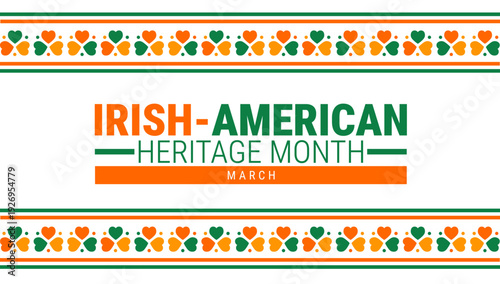 Irish American Heritage Month background or banner design template. Decorative Pattern of Green and Orange Shamrocks and Stars on a White Background Celebrating Irish Cultural Heritage and Pride.
