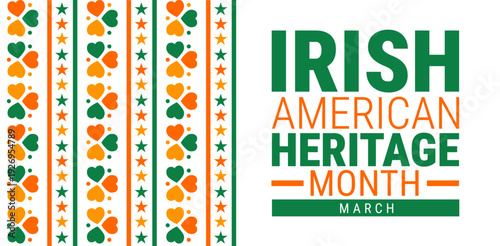 Irish American Heritage Month background or banner design template. Decorative Pattern of Green and Orange Shamrocks and Stars on a White Background Celebrating Irish Cultural Heritage and Pride.