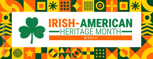 Irish American Heritage Month background or banner design template. Green Shamrock Clover Graphic with Vibrant Orange, Green, and Yellow Geometric Pattern Borders and Bold Typography on a Clean White 