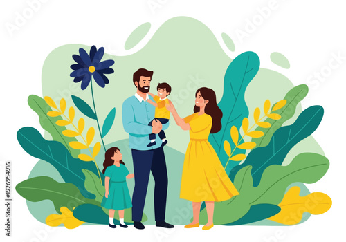 Illustration of a happy family of four, including parents and two young children, enjoying a moment together amidst lush green foliage and a large blue flower, symbolizing love and nature