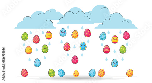Multiple blue cartoon clouds generate showers of decorated Easter eggs and smiling egg characters on a.