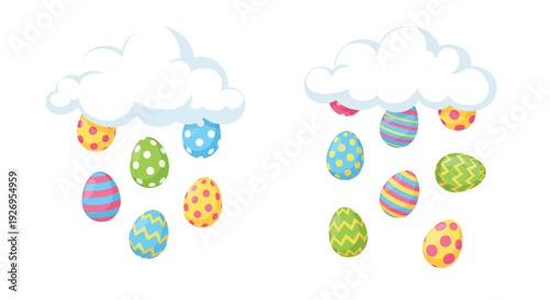 Two stylized white clouds release colorful patterned eggs raining down against a bright white background.