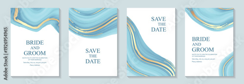 Luxury blue liquid marble backgrounds with golden waves for wedding invitations or greeting cards or business.