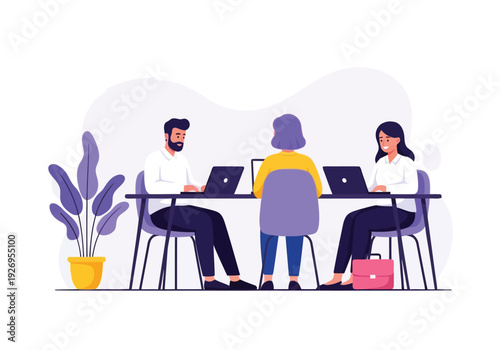 Illustration of three people working together at desks with laptops and a plant in an office setting, representing teamwork and collaboration in a modern workspace