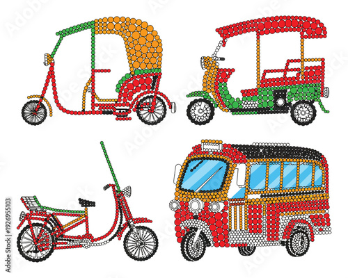 dot art illustration of tuk tuk scooter and bus for thailand transport vehicles icons collection