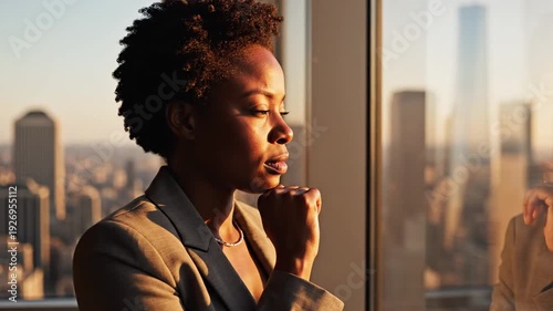 Confident Businesswoman Gazing Out of Office Window at Sunset with City Skyline in the Background