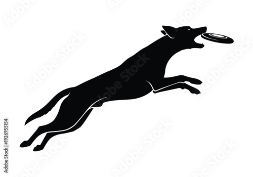 Dog catching frisbee silhouette illustration. Dynamic canine jumping in mid-air. Agility and pet sport concept.