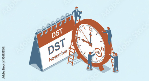 Team of professionals adjusting a large clock and calendar to mark daylight saving time transition in november