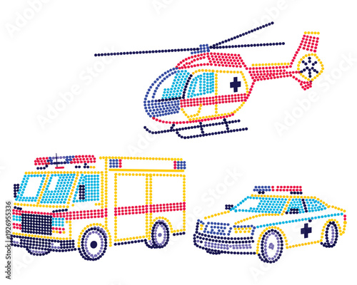 Emergency services vehicle set with helicopter ambulance and police car rendered in dotted mosaic style on transparent checker background