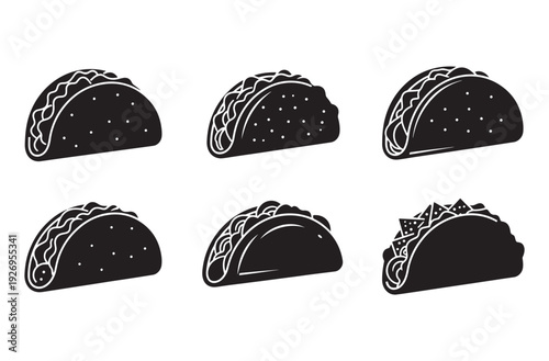Mexican taco icon set showing silhouettes of traditional tortilla snacks with meat lettuce and cheese fillings isolated on transparent background for fast food menu and restaurant art