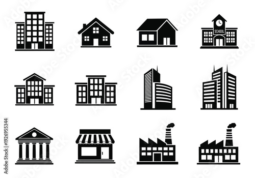 Illustration of collection of building icons including residential, commercial, and industrial structures