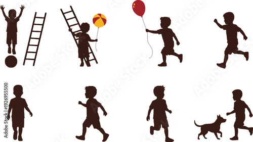 Child silhouette vector illustrations of kids playing and running outside