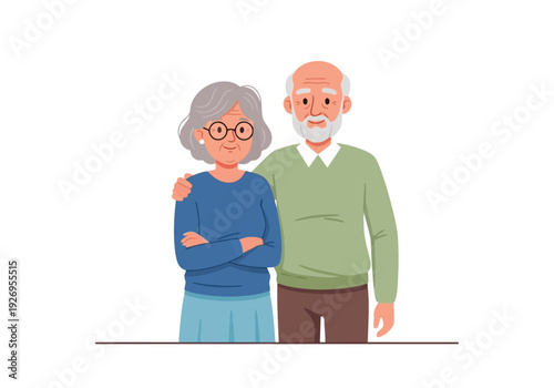 Illustration of elderly couple, a man and a woman, posing together with a warm embrace