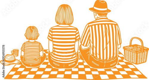 A family having a picnic together on a checkered blanket in a serene outdoor setting. Vector, illustration