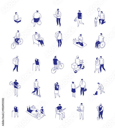 Isometric line people isolated set of diverse characters in everyday activities on white background. Minimal blue outline lifestyle collection showing urban routine, active scenes.