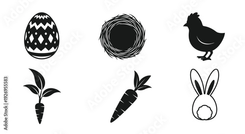 Assorted black glyphs featuring decorative eggs, a nest, a chicken, a sprouting carrot, and stylized.