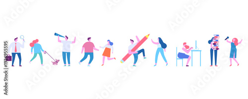 Colorful flat people set showing modern daily activities on white background. Minimal bright character collection with business, lifestyle and communication scenes.