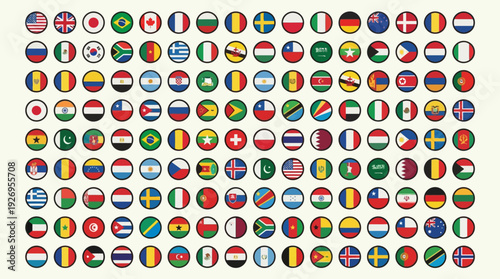 Vibrant collection of numerous national flags from around the world, presented as clean circular icons, symbolizing global diversity and international unity