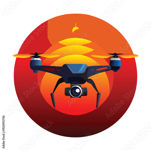 A futuristic drone with a sleek design and vibrant orange and black color scheme.

